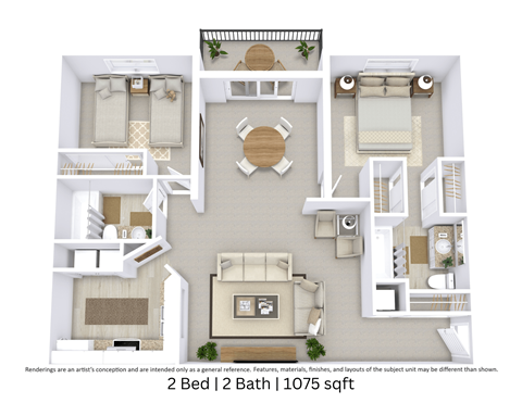 Floor plan for 2 beds, 2 baths, 1075 sqft